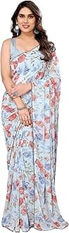 Women's Party Wear Georgette Printed Border Ready To Wear Saree With Unstiched Blouse Piece