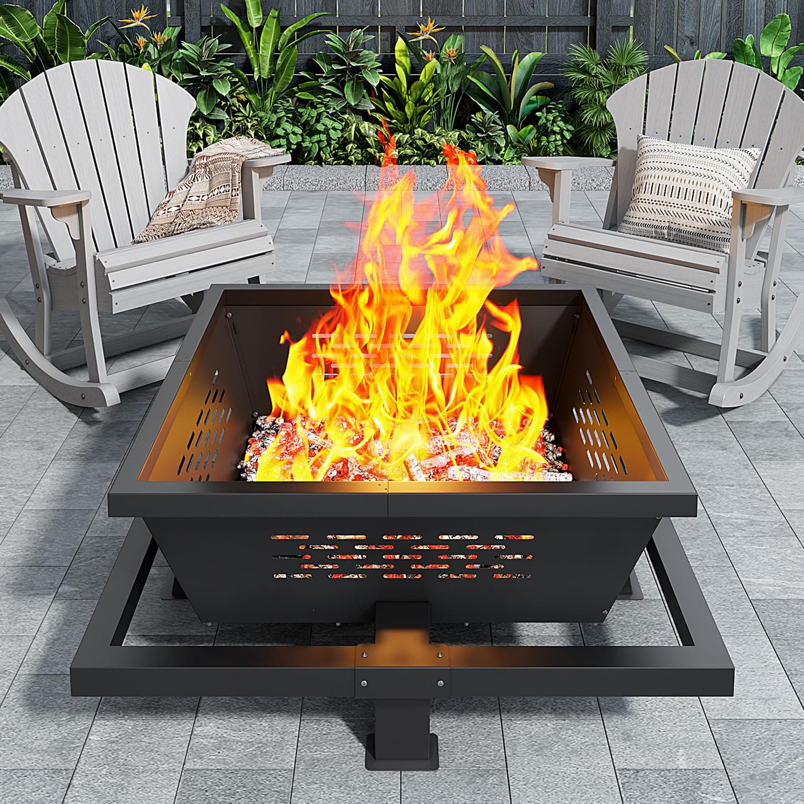 42" Large Fire Pit, Square Outdoor Fire Pit with Poker, Wood Burning FirePit for Camping, Backyard, Patio