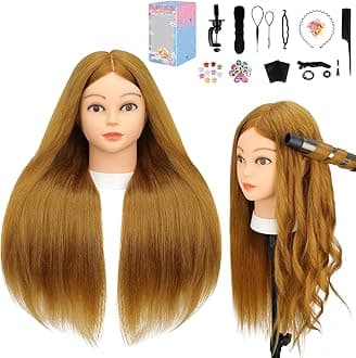 Mannequin Head with 70% Human Hair, 26" Light Brown Real Human Hair Training Head, Manikin Cosmetology Head with Clamp Holder & Tools, Practice Doll Head for Hair Styling, Braiding, Curling, Cutting