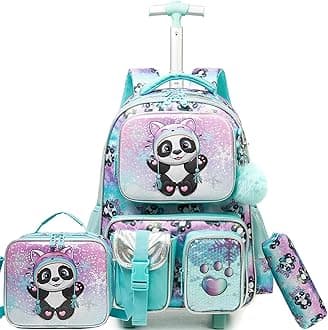 Meetbelify Kids Rolling Backpack with Wheels for Girls Rolling Backpacks with Lunch Box for Elementary School Students 3 in 1 Cute Panda Travel Luggage Suitcase for Girls Age 8-10