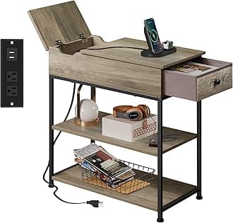 WLIVE Narrow Side Table with 2 USB Ports and 2 Outlets, Flip Top End Table with Drawer and Storage Shelves, Small Nightstand with Charging Station for Living Room/Bedroom, Greige