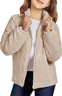 Girls Long Sleeve Winter Jacket Coats Zip Up Stand Collar Corduroy Quilted Outerwear Jackets with Pocket