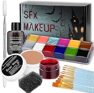 SFX Makeup Kit Professional Face Body Paint Halloween Special Effects Makeup Set with Scar Wax,10 Face Paint Brushes,Spatula Tool,2 Fake Scab Blood,Stipple Sponge Oil Based Face Painting Kit