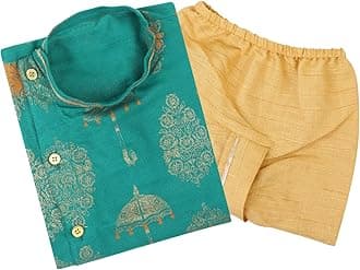 Boy's Golden Foil Printed Side Open Cotton Kurta, Round Collar, Full Sleeves With Cream Color Dhoti