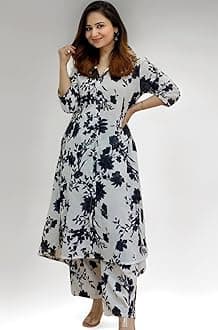 Women's Anarkali Rayon Floral Printed Kurta Pant Set | High-Low Hem & 3/4 Sleeves | Ethnic Co-ord for Festive & Casual Wear | Co ord Set For Women Stylish | 2 Piece Dress For Holiday Look & Puja