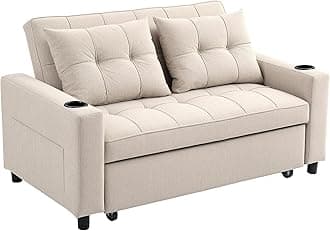 HOMCOM 2 Seater Sofa Bed, Linen Click Clack Sleeper Sofa with Pull Out Design, 2 Pillows, Cup Holders, Side Pockets, Convertible Loveseat Bed Settee for Living Room, 157x190cm, Beige
