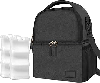 QIUXQIU Breast Milk Storage Cooler Bag with Ice Pack Insulated Lunch Bag for Women and Men Baby Bottle Bag Fits 6 Bottles for Nursing Mom Daycare Double Deck Cooling Bag Work Travel Picnic (Black)