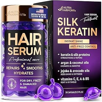 Hair Serum Capsules – Keratin & Silk Protein Hair Treatment with Argan, Coconut, Jojoba & Avocado Oils – Leave‑In Anti‑Frizz Hair Oil w/ Vitamins A, E & B5 for Dry, Damaged Hair – No Rinse, 30 ct