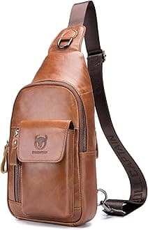 BULLCAPTAINMens Leather Crossbody Bag Shoulder Sling Bag Casual Daypacks Chest Bags for Travel Hiking Backpacks