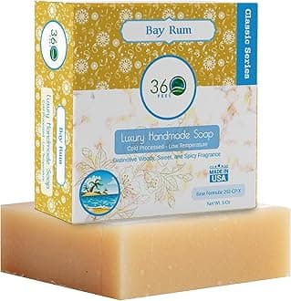 360Feel Bay Rum Bar Soap - Made in the USA - Castile Handmade, All-Natural, Cold-Processed - Bay Rum Essential Oil - Moisturizing with a Spicy Scent - Calm - Rich, Creamy Lather - (5oz)