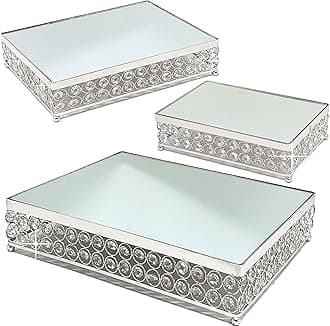 allgala Wedding Cake Stands 3-Piece Set Crystal Silver Cheese Dessert Cupcake Cake Stand with Mirror Plate-Silver Rectangle-HD89205