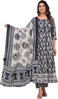 MEERA FABWomen's Cotton Printed Anarkali Kurta with Palazzo & Dupatta Set with Dori