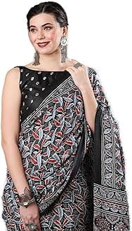AKHILAMWomen's Ajrak Block Print Dola Silk Saree With Unstitched Blouse Piece