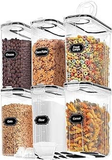 Skroam Cereal Containers Storage of 6 [4L/135.2 oz], Airtight Food Storage Containers with Lids, Plastic Cereal Dispensers for Kitchen & Pantry Organizers and Storage, Measuring Cup & 20 Labels