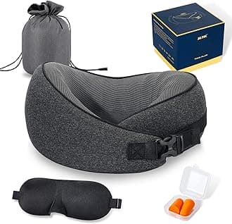 MLVOCMLVOC Travel Pillow 100% Pure Memory Foam Neck Pillow, Comfortable & Breathable Cover, Machine Washable, Airplane Travel Kit with 3D Contoured Eye Masks, Earplugs, and Luxury Bag, Standard (Multi)