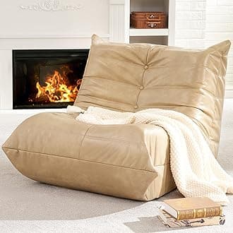 Giant Bean Bag Chair Lazy Floor Sofa, Memory Foam Fireside Sofa for Adults, Big Beanbag Faux Leather Armless Chair for Living Room Bedroom Dorm Office (Khaki, Single)
