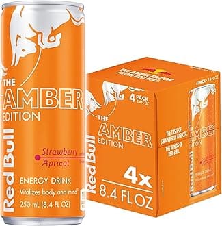 Amber Edition Energy Drink, Strawberry Apricot, with 80mg Caffeine plus Taurine & B Vitamins, 8.4 Fl Oz, Pack of 4 Cans