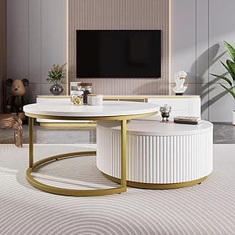 Modern Multi-Functional Round Nesting Coffee Table Fluted with Drawer End Table Utility Table for Living Room White & Gold