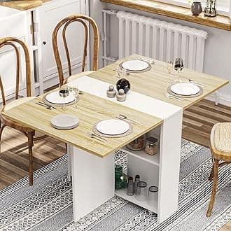 Tiptiper Folding Dining Table with 6 Casters, Drop Leaf Dining Table with Storage Shelves, Folding Kitchen Table for Small Apartments, Pear Wood Color and White