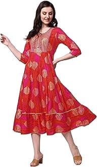 MIRCHI FASHION Women's Cotton Relaxed Fit A Line Sequins Embroidery Work Foil Printed A-Line Kurti Only