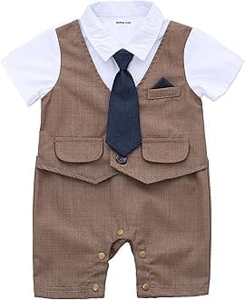 HMD Baby Boy Gentleman White Shirt Waistcoat Bowtie Tuxedo Onesie Jumpsuit Overall Romper - Brown - 9-12 Months