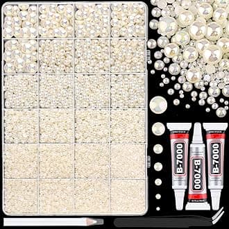 13000Pcs Flatback Pearls for Crafting (Beige AB), Assorted Size 2/3/4/5/6/8/10mm Half Pearl with 3Pcs 10ml B7000 Jewelry Glue, Bedazzling Bead for DIY Crafts Clothing Tumblers Shoes Nail Art