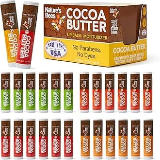Nature's Bees Cocoa Butter Lip Balm, Lip Care for Dry Lips, Coconut Oil, Beeswax, Vitamin E, Aloe, & Shea Butter, 0.15 oz Each, 4 Flavors, Citrus, Coconut, Cherry, & Mint, 24 Pack - Packaging May Vary