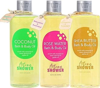 - Bath and Body Oil with Sweet Almond Jojoba, Shea Butter, Rose Water, Coconut Bath Oils Mother's Day Gift for Women, Multiuse Oil for Hair Dry Skin 26.4 fl oz (Pack of 3)