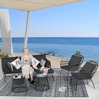 BULEXYARD 6 Piece Boho Outdoor Patio Furniture Sets with Ice Bucket, Wicker Bistro Chairs Sectional Sofa Conversation Set w/Round Tempered Glass Table for Backyard (Dark Grey)