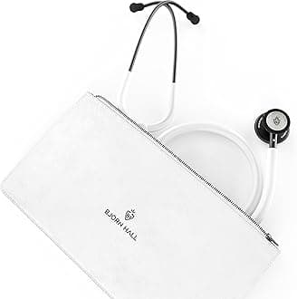 Matte Black White Clinical Stethoscope & Case | Pediatric EMT LPN CNA & Respiratory Therapist | Length 26in | Perfect Nurse Kit | Bag Can Fit Name Tag Charms & Pen Light | White Tubing MBW