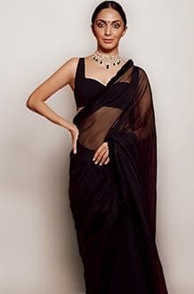 Women's Plain Georgette Saree With Unstitched Blouse Piece (Kiara Advani Black Saree)