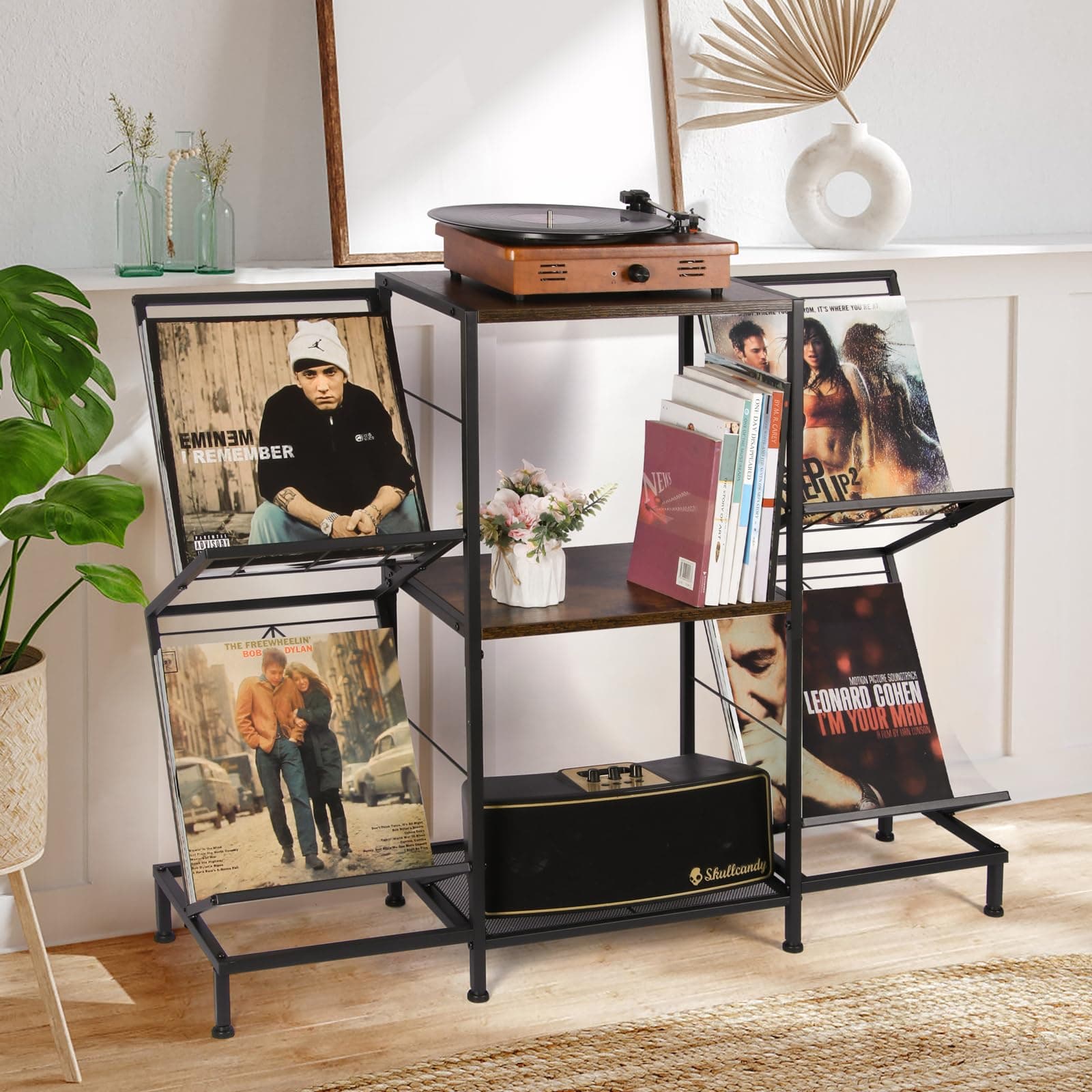 Record Player Stand with Vinyl Record Storage, Turntable Stand with 4-Tier Vinyl Display Shelf & Metal Frame, Record Holder for Living Room, Rustic Brown