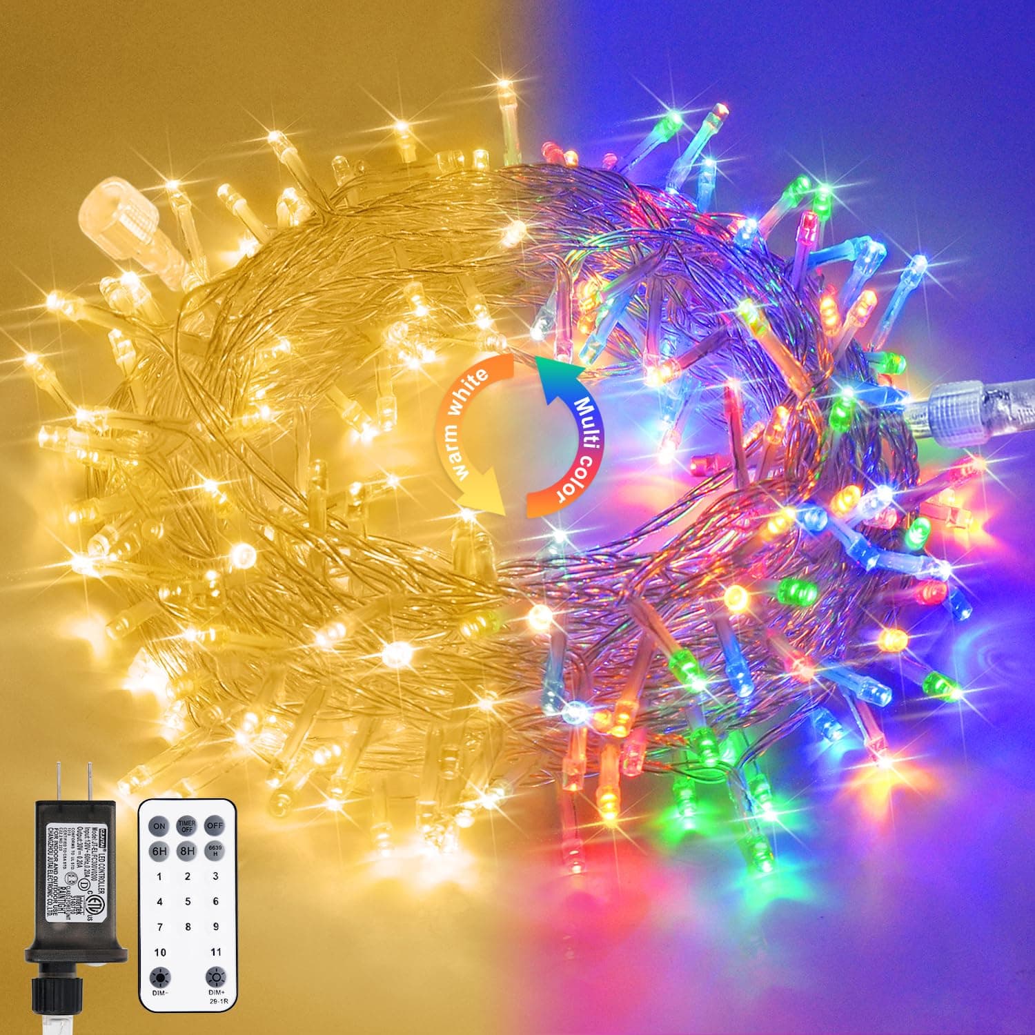 33ft 100 LED Color Changing String Lights Plug in, Warm White & Multicolor Christmas Tree Lights Indoor, Christmas String Lights Outdoor Waterproof for Xmas Indoor Decor
