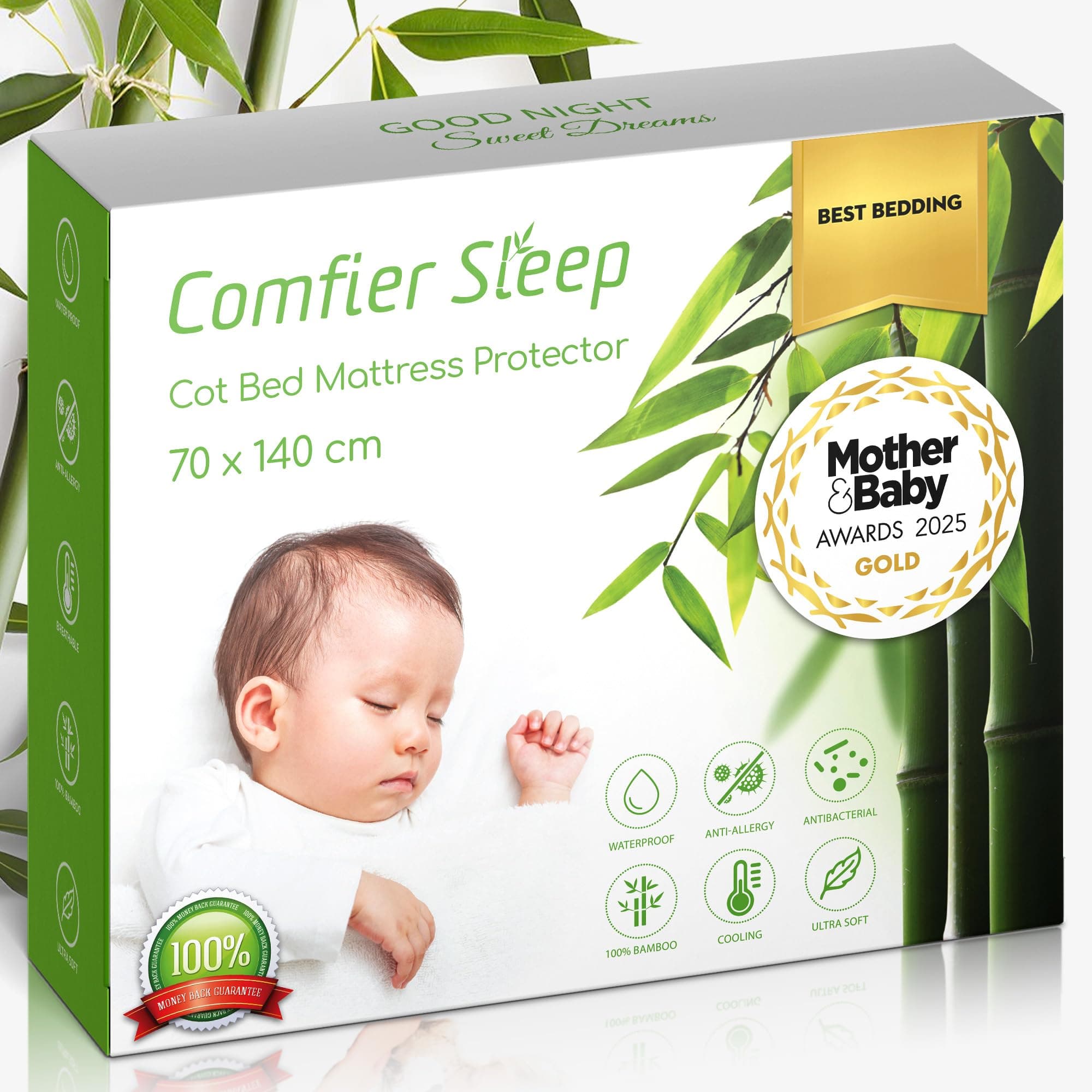 Cot Bed Mattress Protector 140 x 70cm – Waterproof Bamboo Fitted Cot Mattress Cover – Breathable Waterproof Cot Bed Mattress Protector – Soft Hypoallergenic Sheet for Toddler Bedding