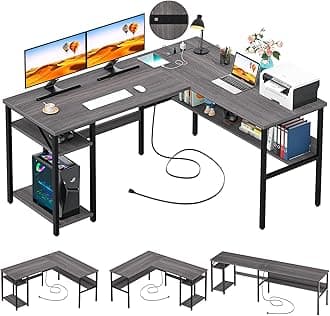 Unikito L Shaped Computer Desk with USB Charging Port and Power Outlet, Reversible L-Shaped Corner Desk with Storage Shelves, 2 Person Long Gaming Table Modern Home Office Desk, Enoch Walnut