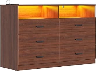 Bigbiglife Dresser for Bedroom, 6 Drawer Dresser with Charging Station and Led Light, Modern Chest of Drawers for Bedroom, Living Room (Walnut Brown)