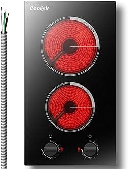 2 Burner Electric Cooktop 220V - 12 Inch Built-in Electric Stove Top 3000W, Radiant Electric Stovetop with 9 Power Level, Knob Control, Auto Shut Down Protection, 220-240V Hard Wired (No Plug)