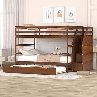 Twin Over Twin Bunk Bed with Storage Stairs, Wood Bunk Bed Frames with Trundle, No Box Spring Needed, Walnut