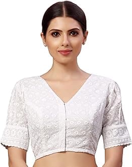 Women's Readymade Cotton Chikankari Saree Blouse with Puff Sleeves