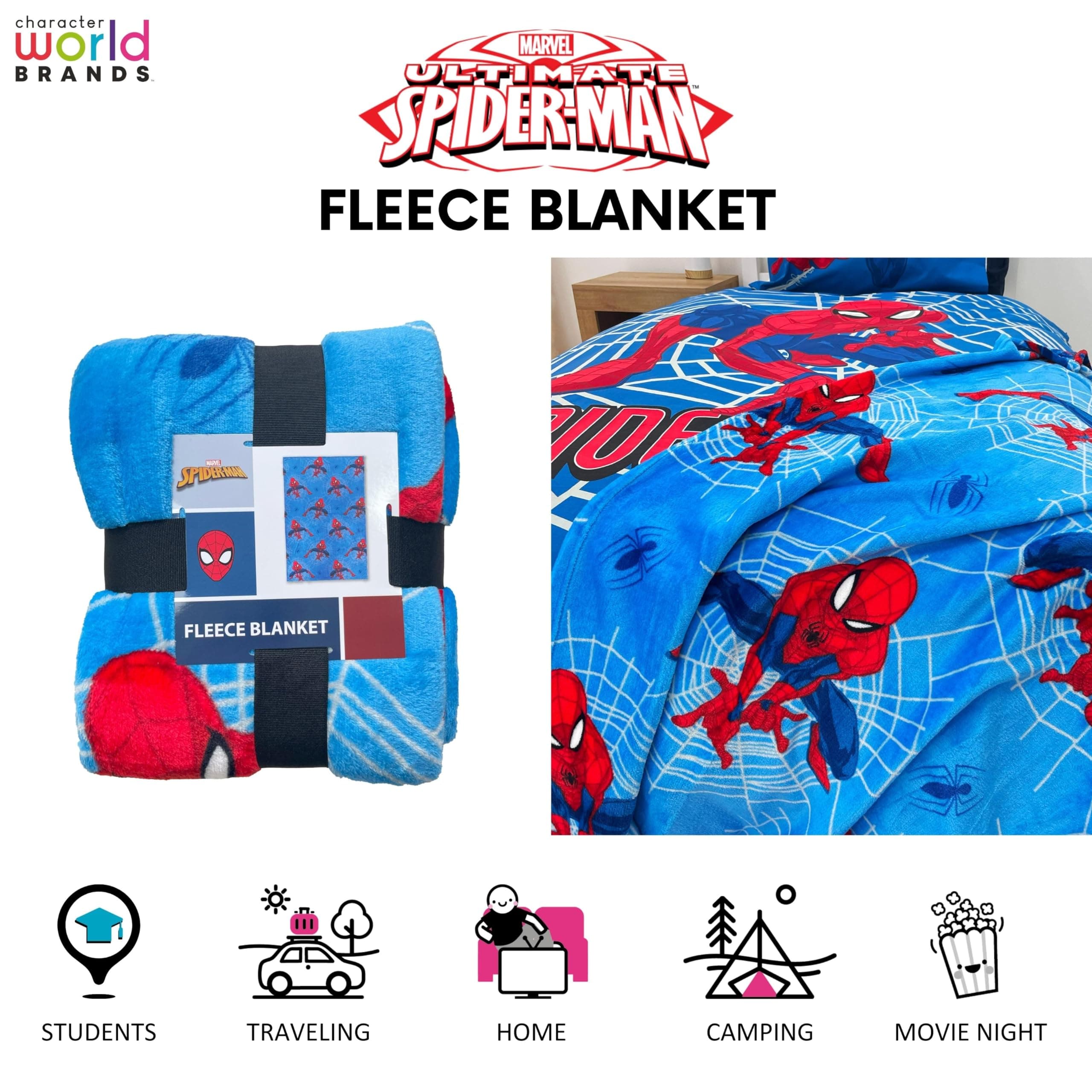 Character World Disney Spiderman Throw Blanket | Super Soft, Web Time Design | Warm Super Soft Feel FleeceThrow | Perfect for Home, Bedroom, Sleepovers & Camping | 100 x 150cm