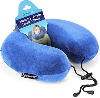 TRAVELREST Travel Essential Neck Pillow Curl - Memory Foam, Washable Micro-Fiber Cover, Soft and Comfortable Head Support for Long Flights, Compact, Attaches to Luggage, Airplanes, Cars, Bus - Blue