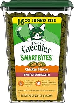 FELINE GREENIES SMARTBITES Skin & Fur Health Crunchy and Soft Textured Adult Natural Cat Treats, Chicken Flavor, 16 oz. Tub
