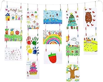 KLOGTSIND Kids Art Display Wall Decor, Wooden Beads Garland Frame Holder with 34 Clips for kids artwork, Photo, Wall Hanging Boho Room Bedroom Decor