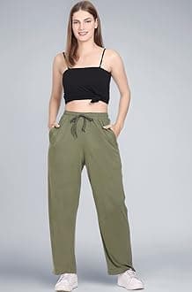 CUPID Woman's High Rise Cotton Straight Pant,Stretchy Parallel Leg Pyjama for Night wear
