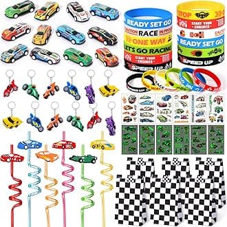 Winrayk Race Car Party Favors Birthday Supplies Kids, Drinking Straw Paper Bag Mini Car Bracelet Glow Tattoo Sticker Keychain, Goodie Stuffers Pinata Filler Boys Racing Games Wheel Racecar Party Decor