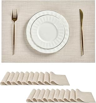 Leetaltree Beige White Placemats Set of 20 - Heat Resistant Non-Slip Place mats for Dining Table, Washable Durable PVC Vinyl Woven Table Mats（Beige White, 20）