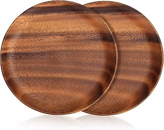 Ayiaren 12 Inch Best Acacia Wooden Dinner Plates Set of 2, Round Wood Serving Tray Wooden Plates for Eating Salad Fruit Food Dishe Platter Charcuterie Boards Charger Plate Cheese Serving Board