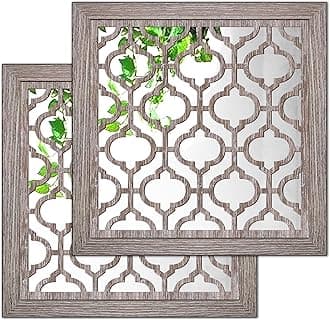 Yudarte 2pcs Set Square Moroccan Cutout Wall Mirror Decor - Farmhouse Rustic Decorative Mirrors for Bedroom Bathroom Living Room Kitchen Entryway 12x12 Inches