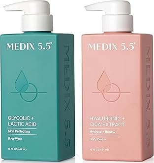 Medix 5.5 Exfoliating AHA Glycolic Acid Face & Body Scrub Cleanser + Hyaluronic Acid Moisturizing Body Cream Lotion Skin Care 2PC Set | Alpha Hydroxy Acid & Lactic Acid Foaming Body Wash & Face Wash