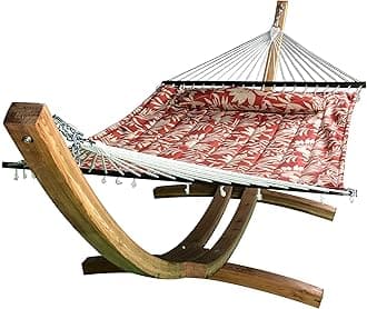 14 Ft. Wooden Arc Hammock Stand + Deluxe Quilted Double Padded Hammock Bed w/Pillow. 2 Person Bed. 450 LB Capacity(Natural Stain/Elegant Floral)